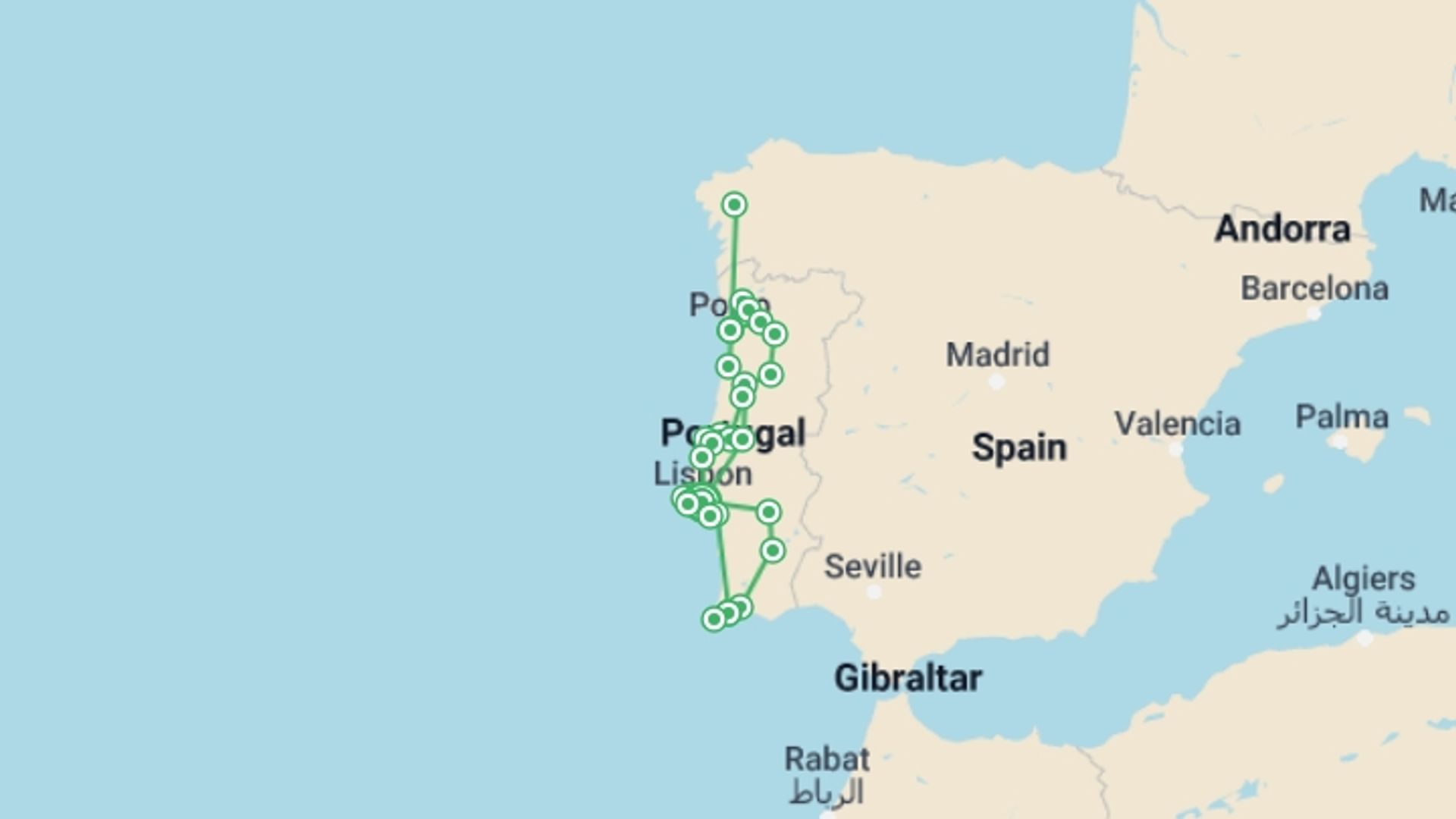 A map showing the tour itinerary for the trip: The Best Of Portugal, starting in Lisbon, Portugal and ending in Lisbon, Portugal going through 5 other destinations.