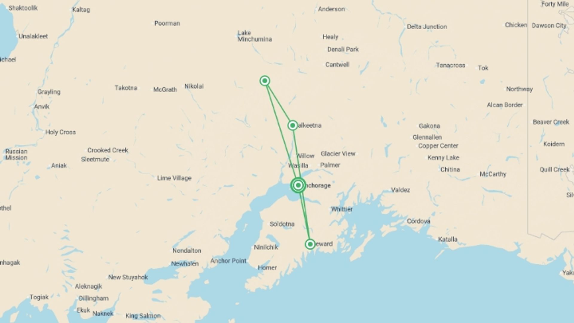 A map showing the tour itinerary for the trip: Alaska's National Parks, starting in Anchorage, USA and ending in Anchorage, USA going through 3 other destinations.