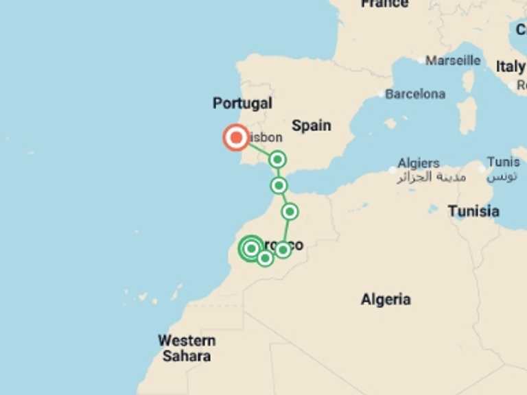 Map itinerary of Lisbon Tour in December 2025 with 7 destination visits for the trip: From Marrakesh to Lisbon