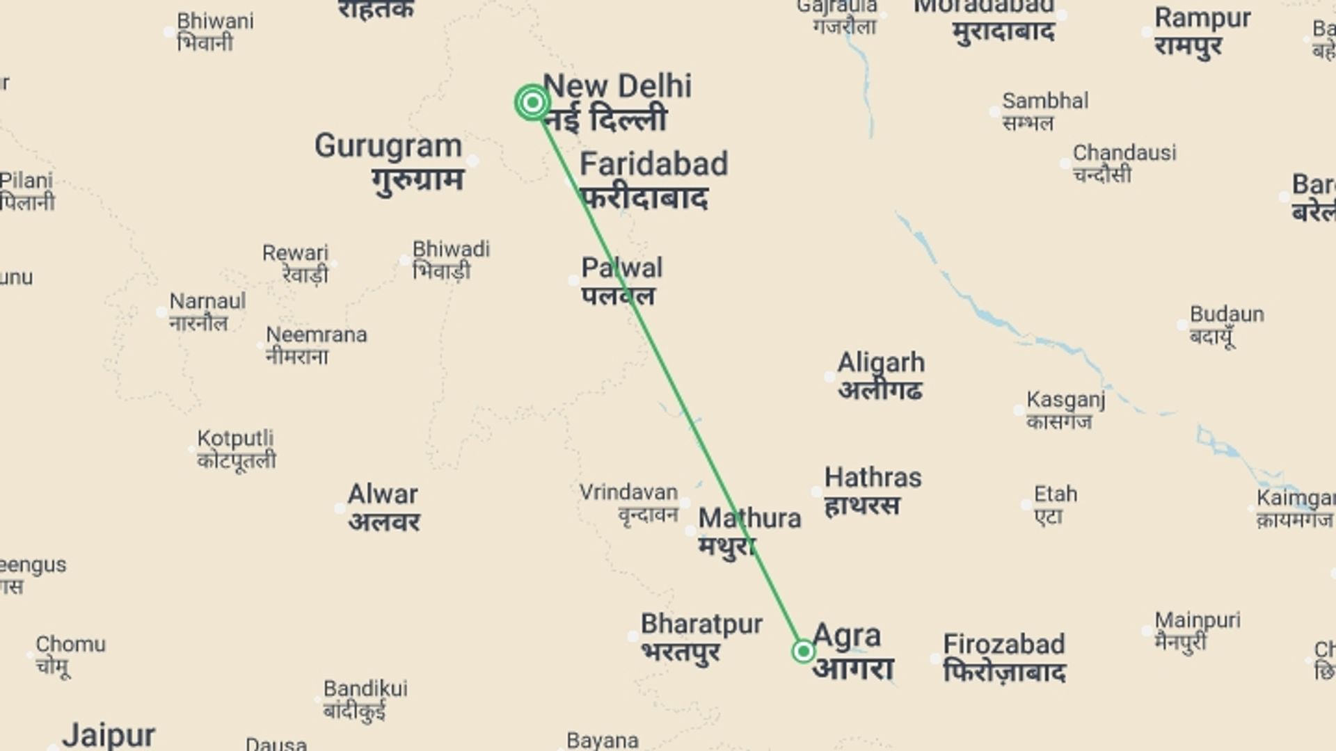 A map showing the tour itinerary for the trip: Delhi & Agra Welcome Package 4D/3N, starting in New Delhi, India and ending in New Delhi, India going through 1 other destinations.