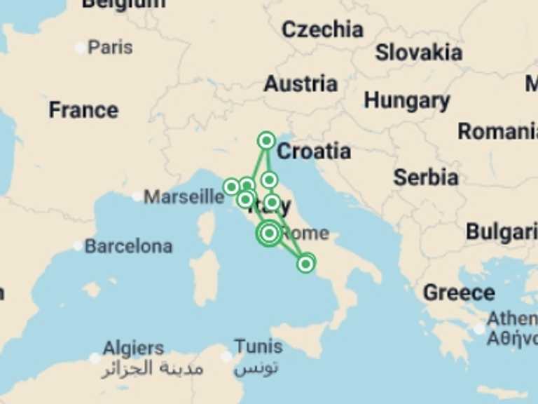 Map itinerary of Europe Tour in April 2027 with 6 destination visits for the trip: Italian Delights