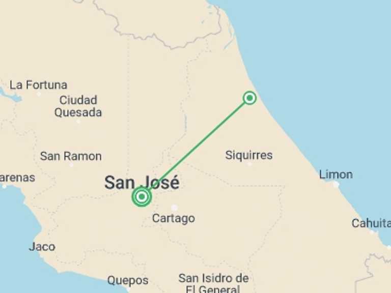 Map itinerary of San Jose Tour in May 2027 with 2 destination visits for the trip: Tortuguero National Park Adventure