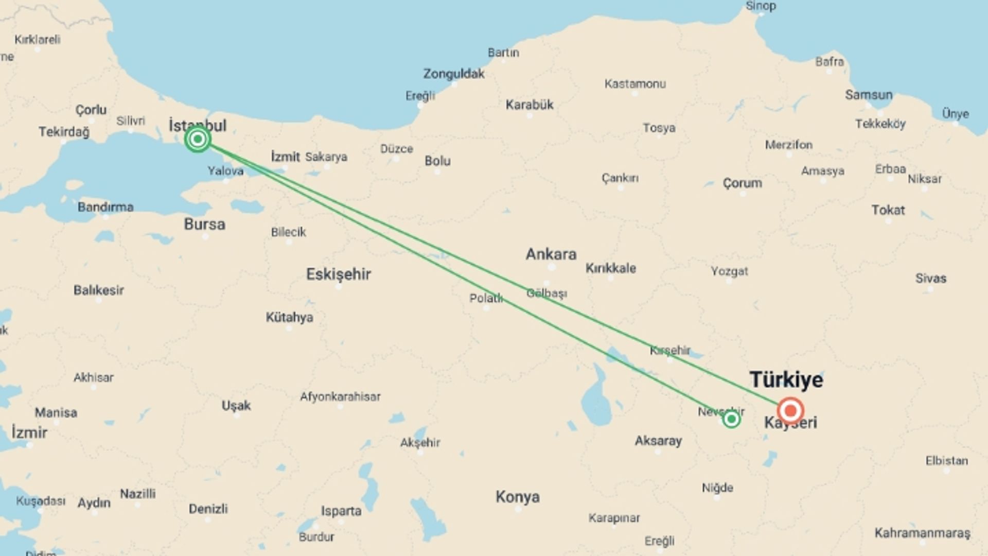 A map showing the tour itinerary for the trip: 3 Day Cappadocia Tour From Istanbul, starting in Istanbul, Turkey and ending in Kayseri, Turkey going through 1 other destinations.