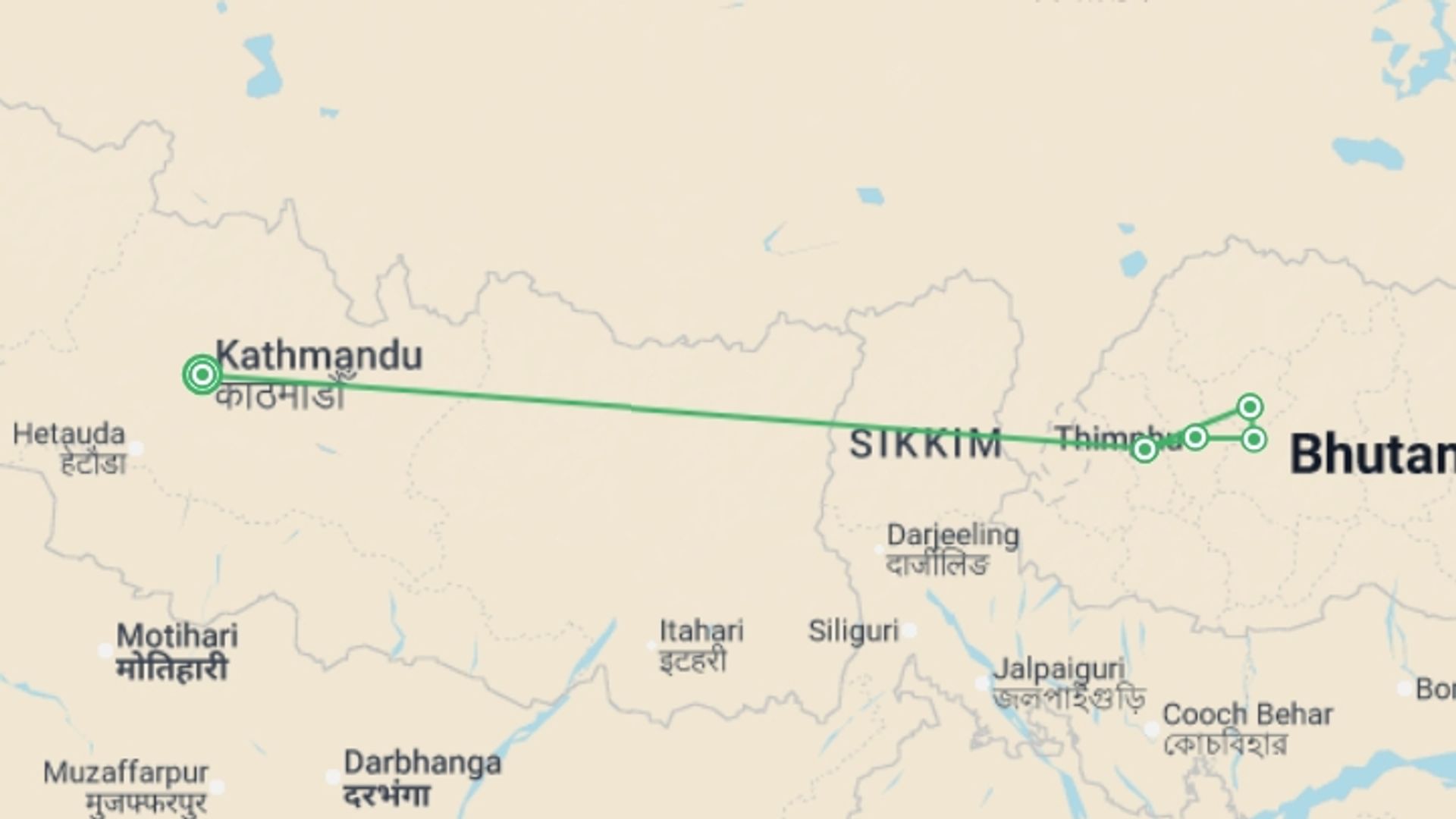 A map showing the tour itinerary for the trip: Festivals of Bhutan, starting in Kathmandu, Nepal and ending in Kathmandu, Nepal going through 4 other destinations.