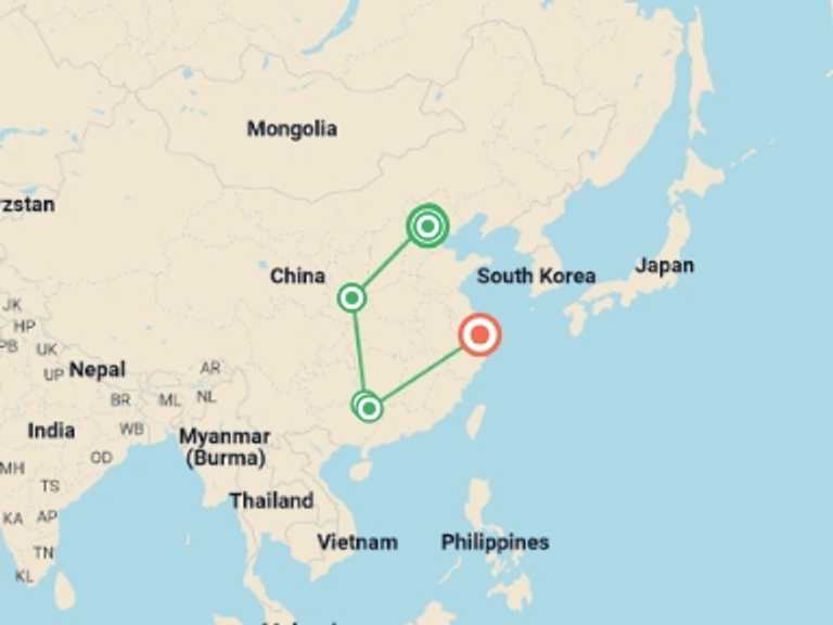 Map of 11-Day China Tour with 6 destination visits for the trip: Historic China Tour - Small Group