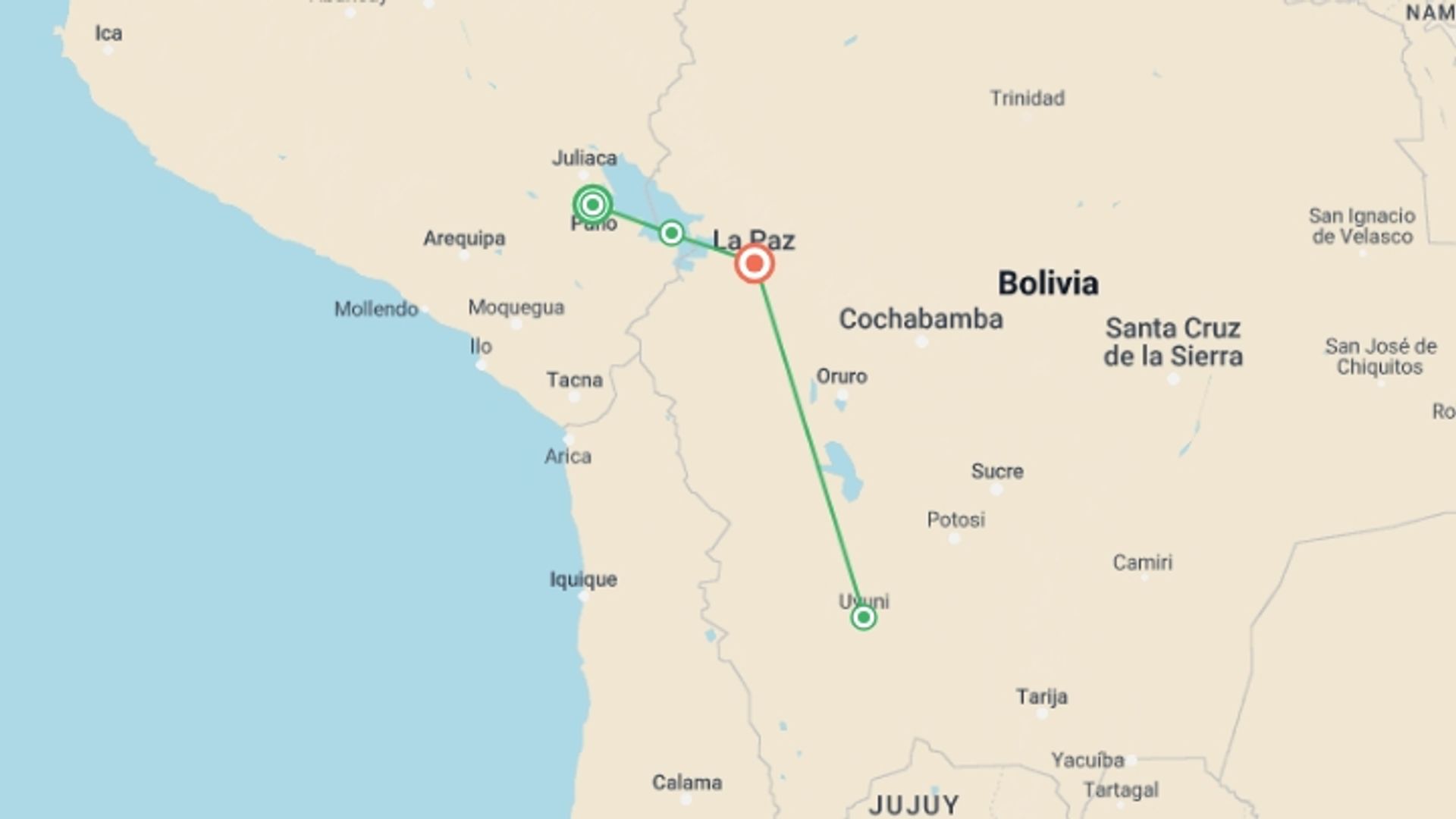 A map showing the tour itinerary for the trip: Mystical Tours of Peru and Bolivia, starting in Puno, Peru and ending in La Paz, Bolivia going through 2 other destinations.