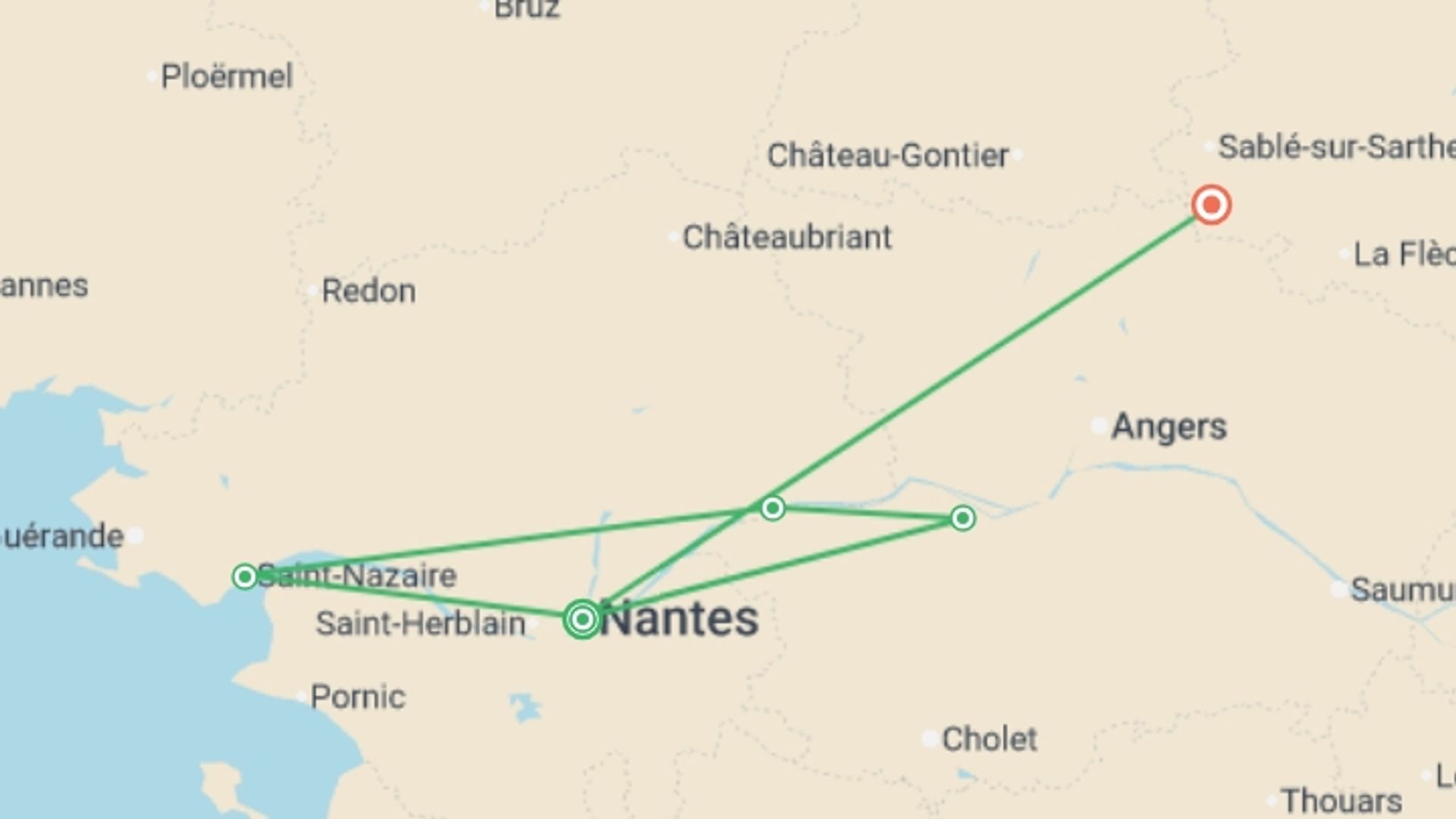 A map showing the tour itinerary for the trip: The Loire Valley, a Royal legacy (port-to-port cruise), starting in Strasbourg, France and ending in Strasbourg, France going through 6 other destinations.