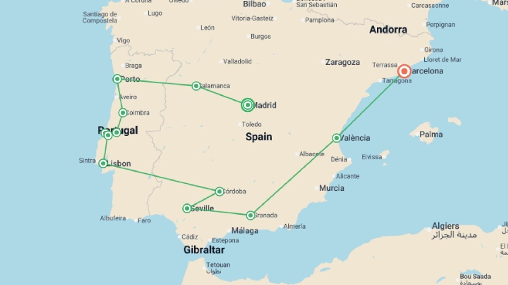 A map showing the tour itinerary for the trip: Ultimate Spain and Portugal Explorer - 15 days , starting in Madrid, Spain and ending in Barcelona, Spain going through 7 other destinations.