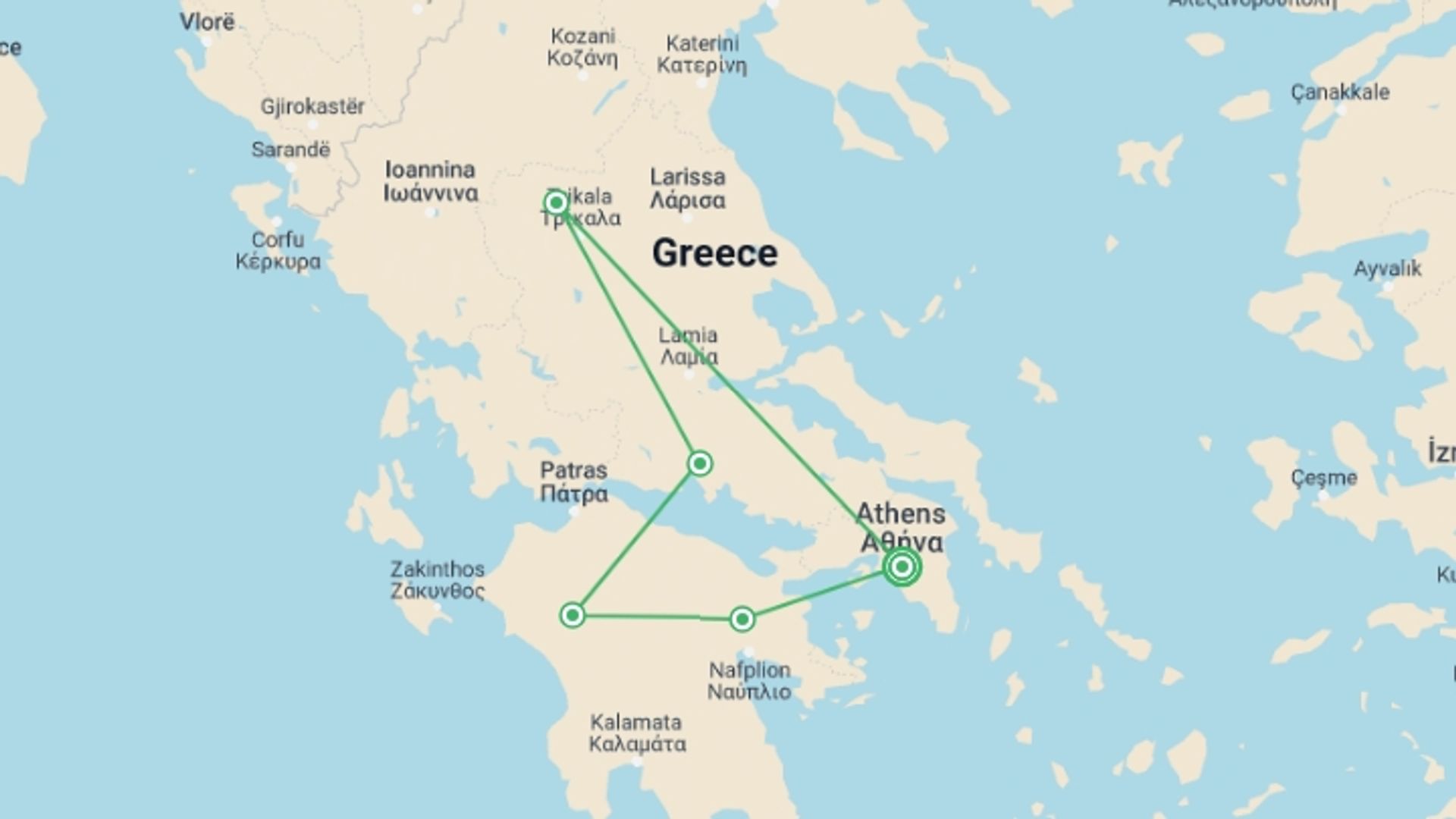 A map showing the tour itinerary for the trip: Classical Greece, starting in Athens, Greece and ending in Athens, Greece going through 4 other destinations.