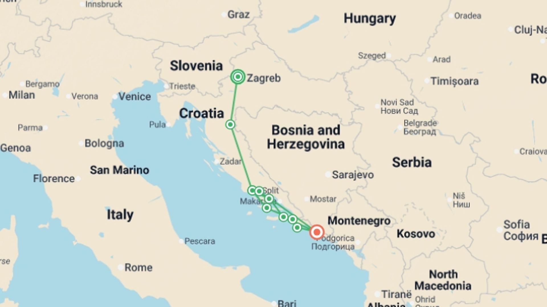 A map showing the tour itinerary for the trip: Islands & Lakes of Croatia (Deluxe) - 11 days, starting in Zagreb, Croatia and ending in Dubrovnik, Croatia going through 7 other destinations.