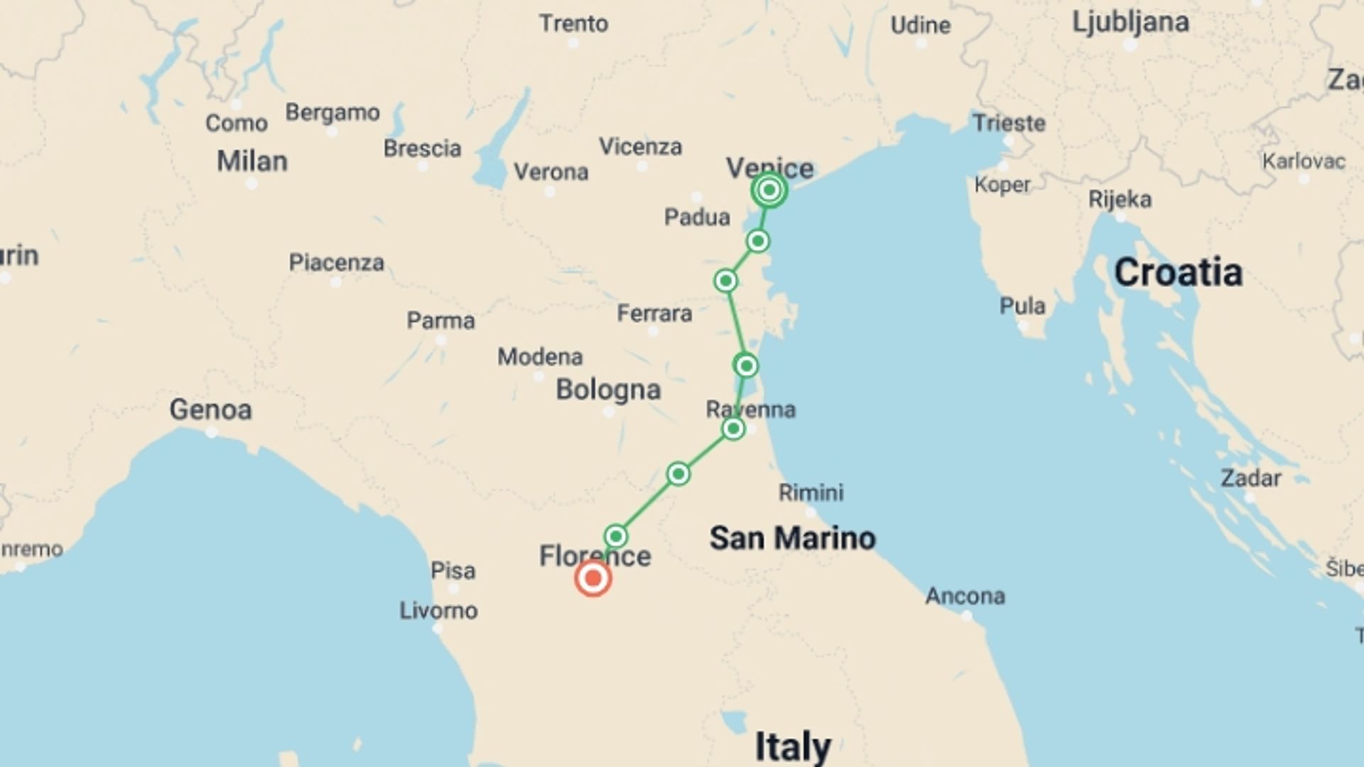 A map showing the tour itinerary for the trip: Venice to Florence Cycle, starting in Venice, Italy and ending in Florence, Italy going through 6 other destinations.