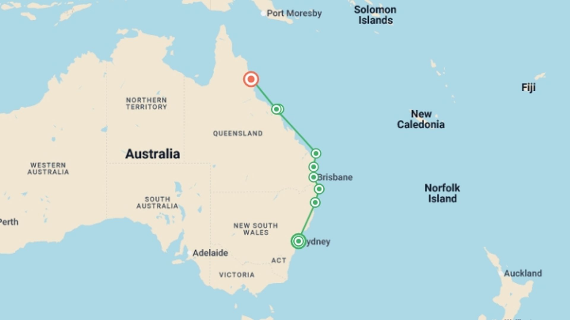 A map showing the tour itinerary for the trip: Most of the Coast: Sydney to Cairns, starting in Sydney, Australia and ending in Cairns, Australia going through 8 other destinations.