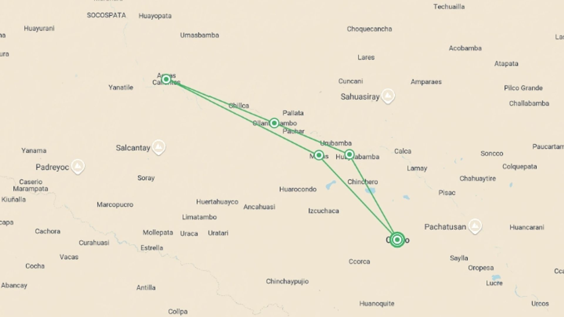 A map showing the tour itinerary for the trip: Cusco, Machu Picchu and Sacred Valley Tour, starting in Cusco, Peru and ending in Cusco, Peru going through 6 other destinations.