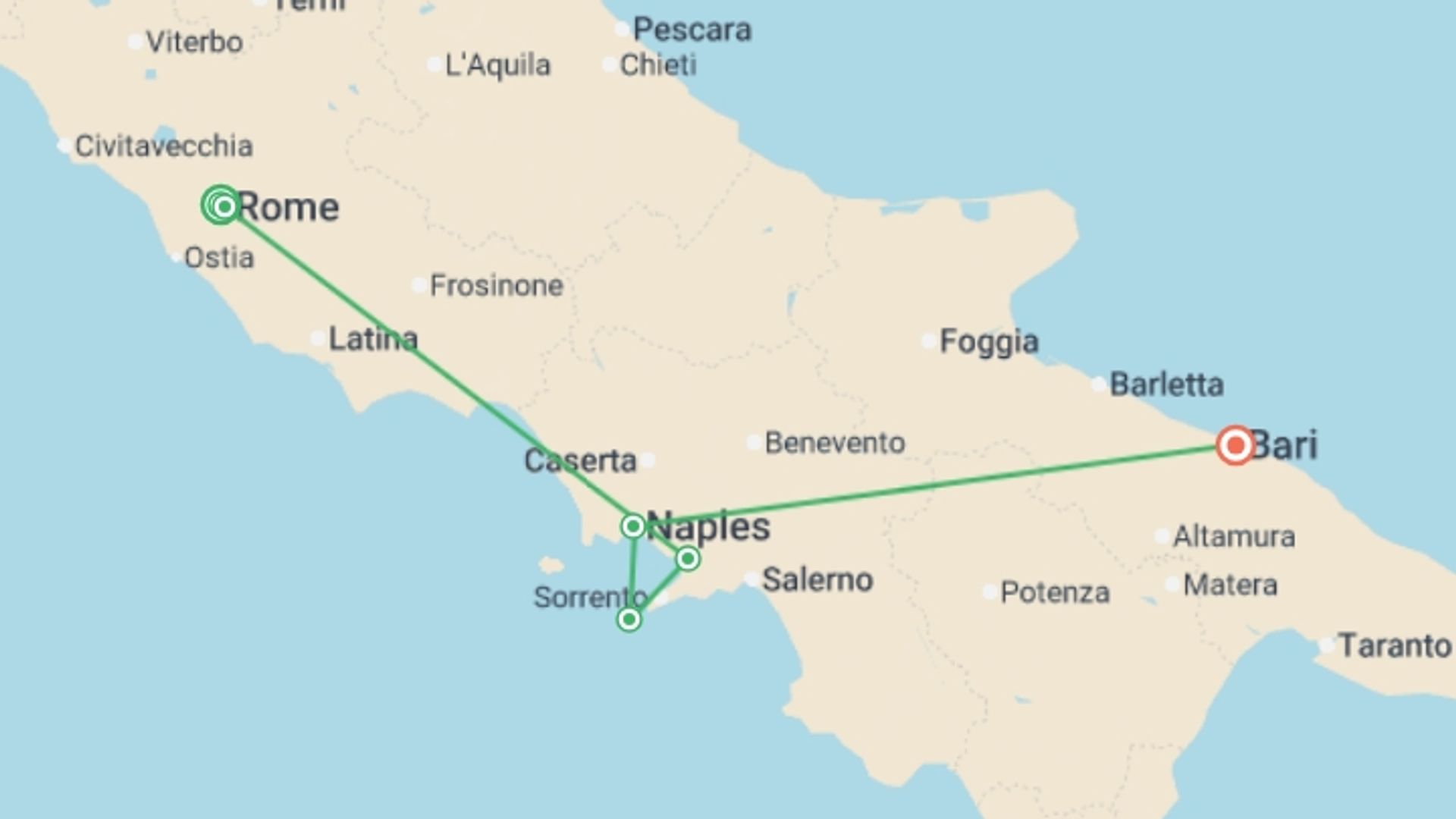 A map showing the tour itinerary for the trip: Italy’s Southern Charm: Rome to Puglia, starting in Rome, Italy and ending in Bari, Italy going through 4 other destinations.