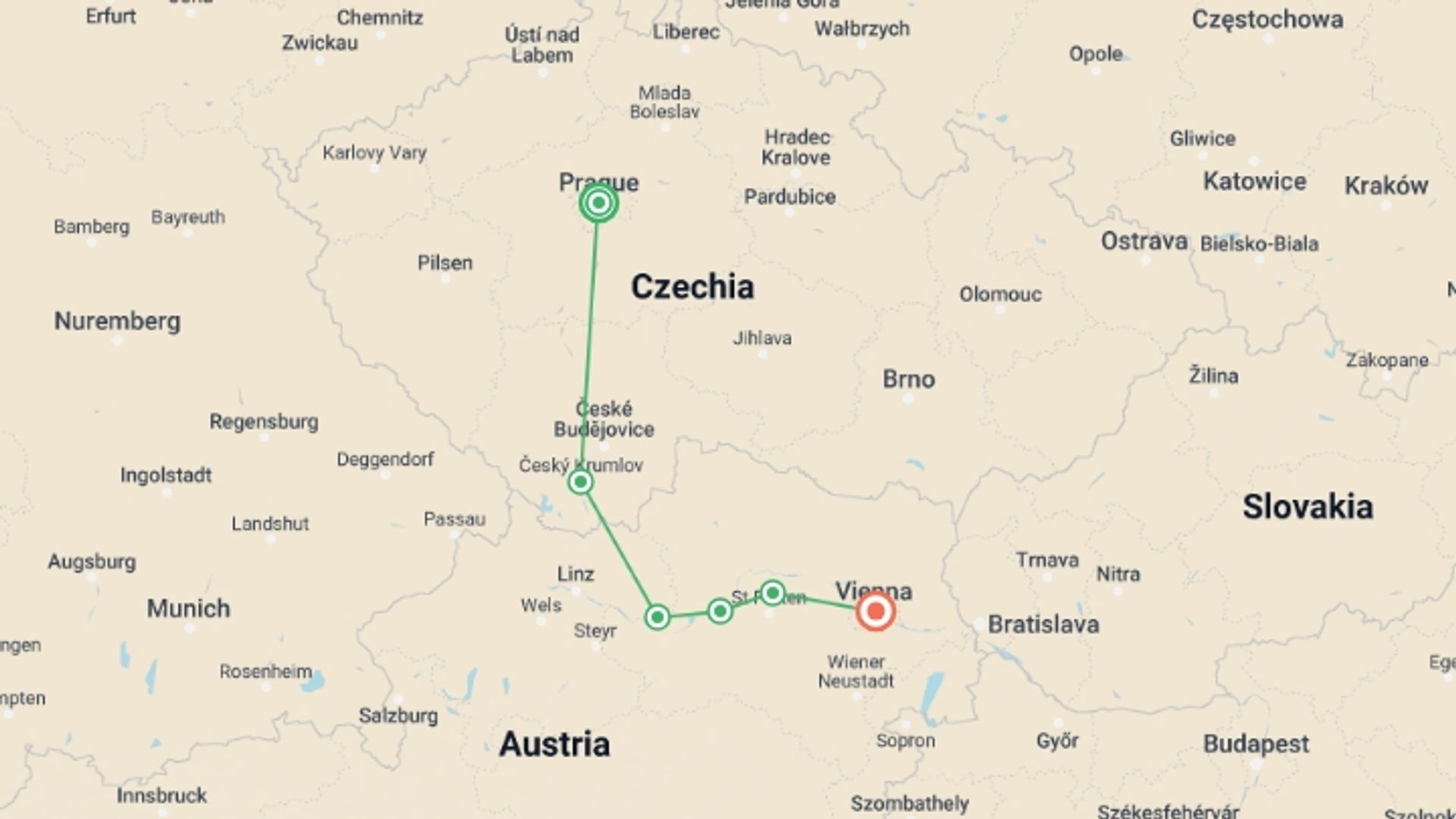 A map showing the tour itinerary for the trip: Cycle Prague to Vienna, starting in Prague, Czech Republic and ending in Vienna, Austria going through 4 other destinations.