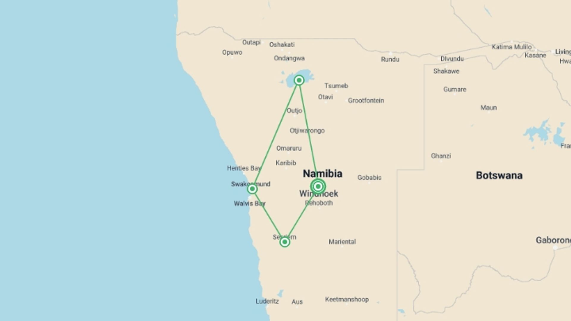 A map showing the tour itinerary for the trip: Journeys: Wonders of Namibia, starting in Windhoek, Namibia and ending in Windhoek, Namibia going through 3 other destinations.