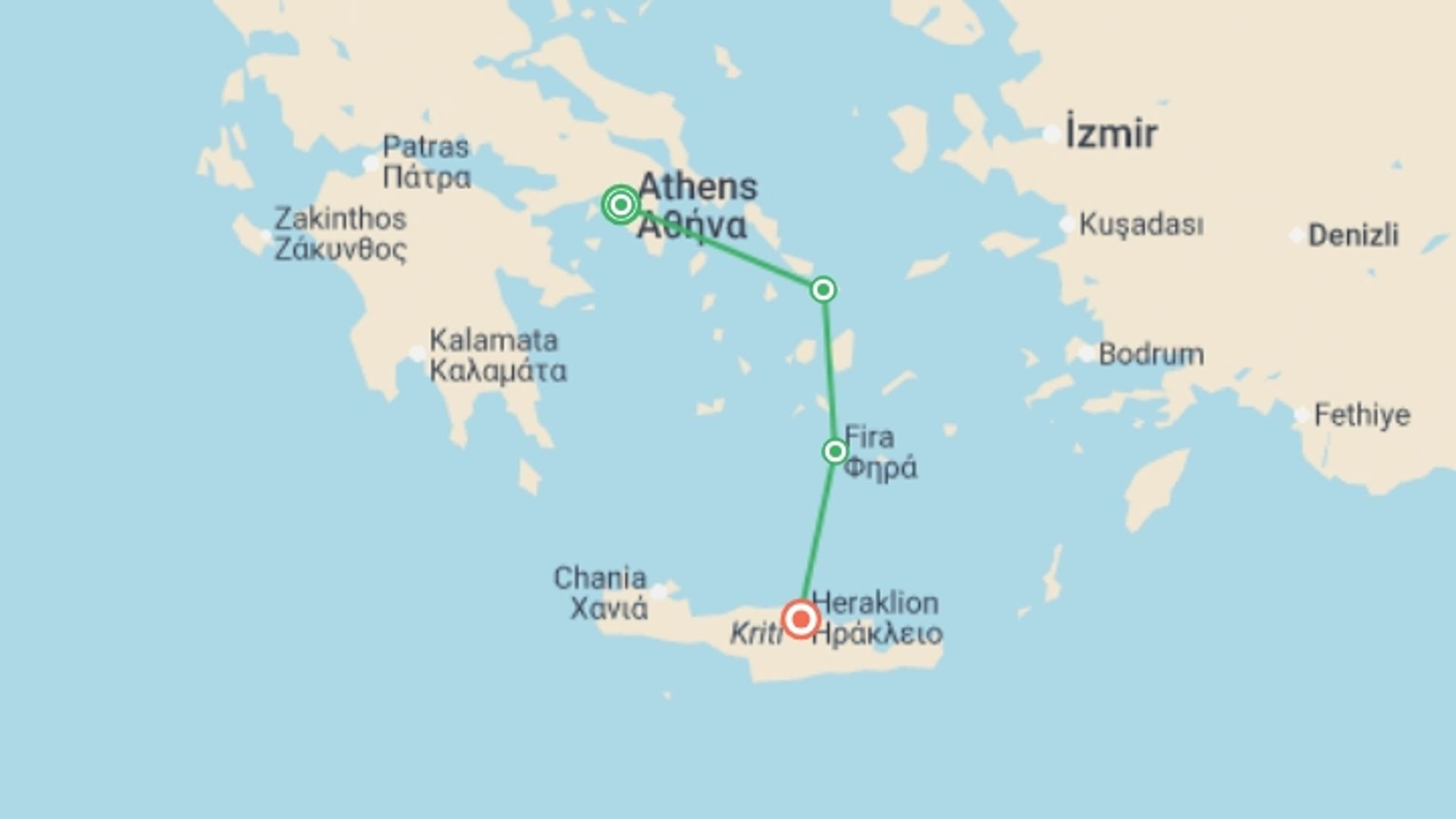 A map showing the tour itinerary for the trip: Athens to Mykonos, Santorini & Crete - 9 days, starting in Athens, Greece and ending in Heraklion, Greece going through 2 other destinations.