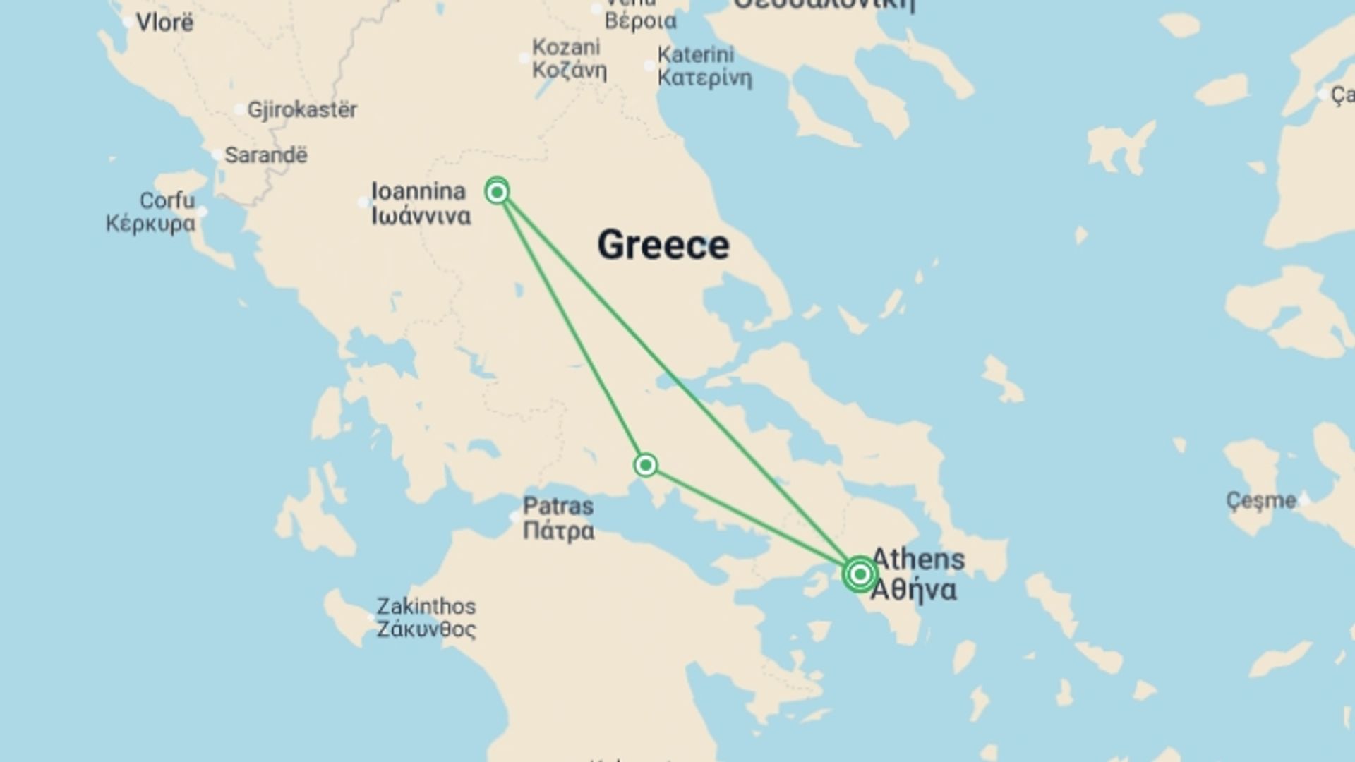 A map showing the tour itinerary for the trip: Best Of Greece, starting in Athens, Greece and ending in Athens, Greece going through 1 other destinations.