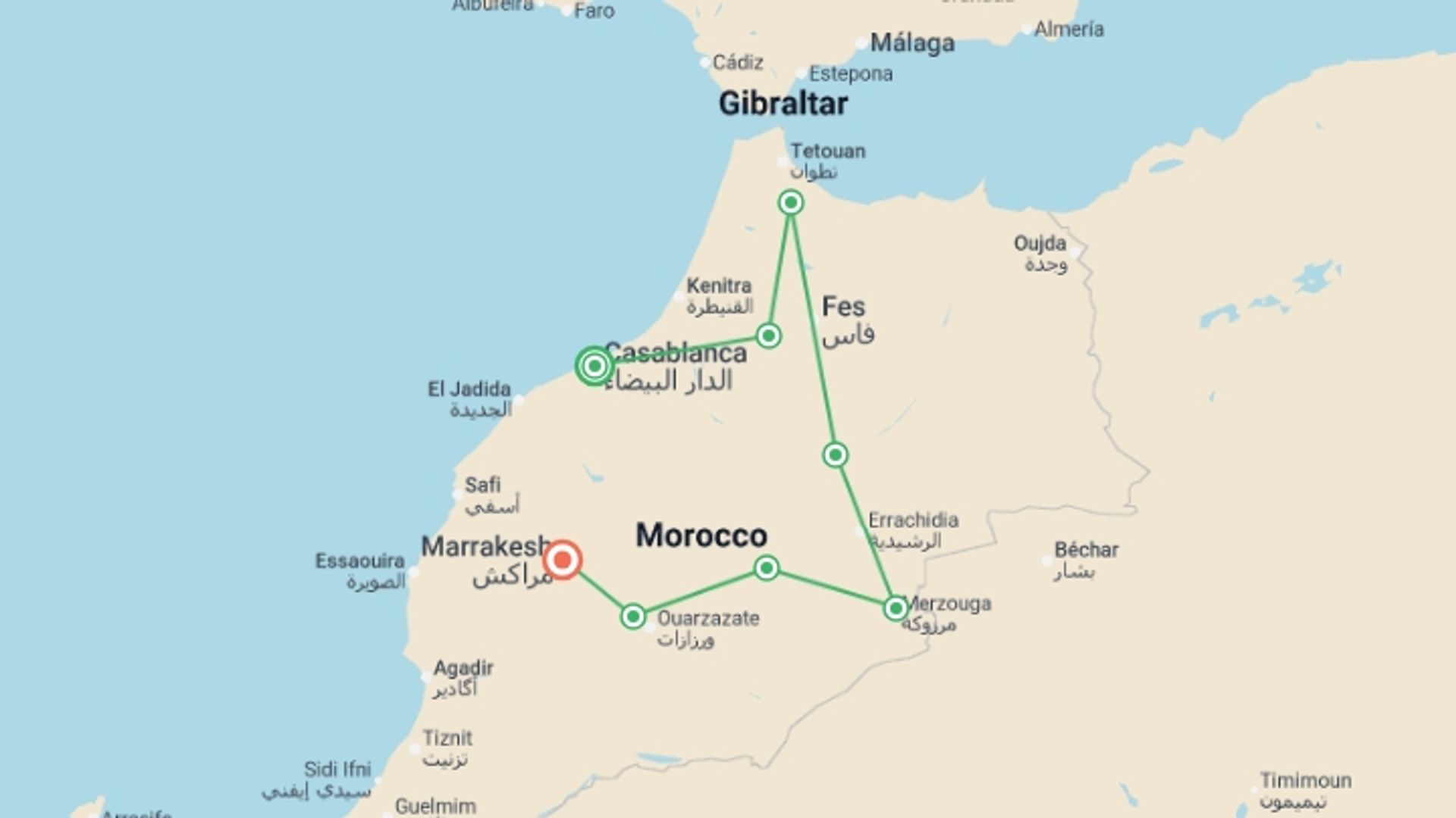 A map showing the tour itinerary for the trip: CASABLANCA to MARRAKECH (14 days) Morocco Encompas, starting in Cape Town, South Africa and ending in Cape Town, South Africa going through 8 other destinations.