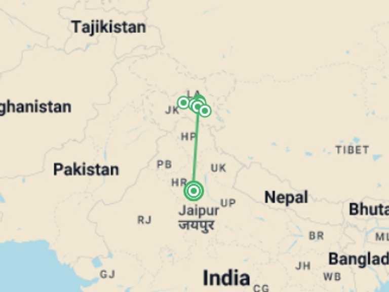 Map of 16-Day New Delhi Tour with 8 destination visits for the trip: Peaks of Ladakh Trek