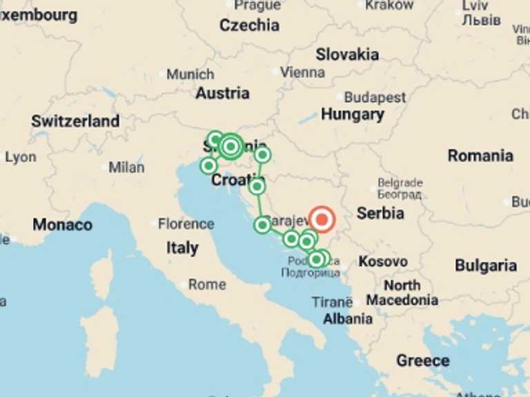Map itinerary of Mediterranean Tour in October 2026 with 12 destination visits for the trip: Classic Balkans:  Ljubljana to Sarajevo