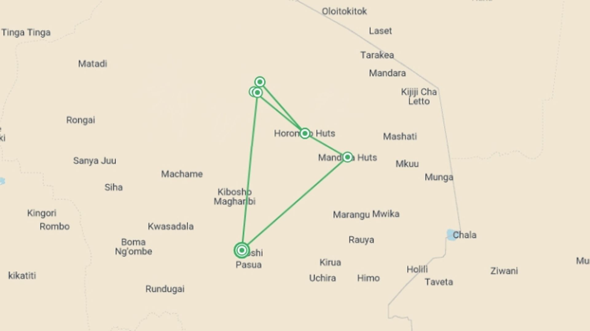 A map showing the tour itinerary for the trip: Classic Kilimanjaro Trek, starting in Moshi, Tanzania and ending in Moshi, Tanzania going through 5 other destinations.