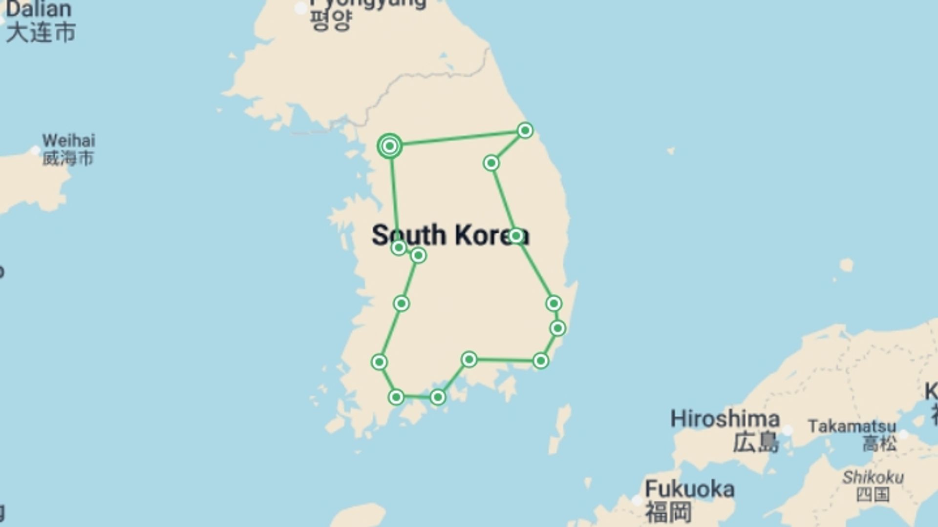 A map showing the tour itinerary for the trip: South Korea Highlights 7D/6N, starting in Seoul, South Korea and ending in Seoul, South Korea going through 7 other destinations.