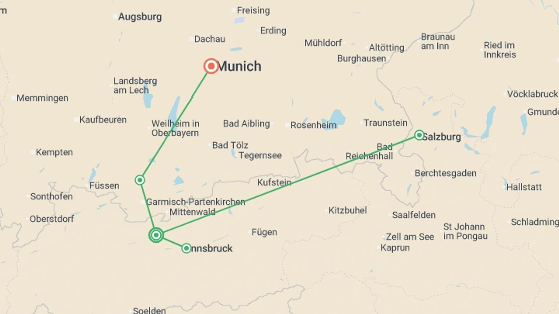A map showing the tour itinerary for the trip: Magical Christmas Markets of Austria and Germany, starting in Seefeld, Austria and ending in Munich, Germany going through 1 other destinations.