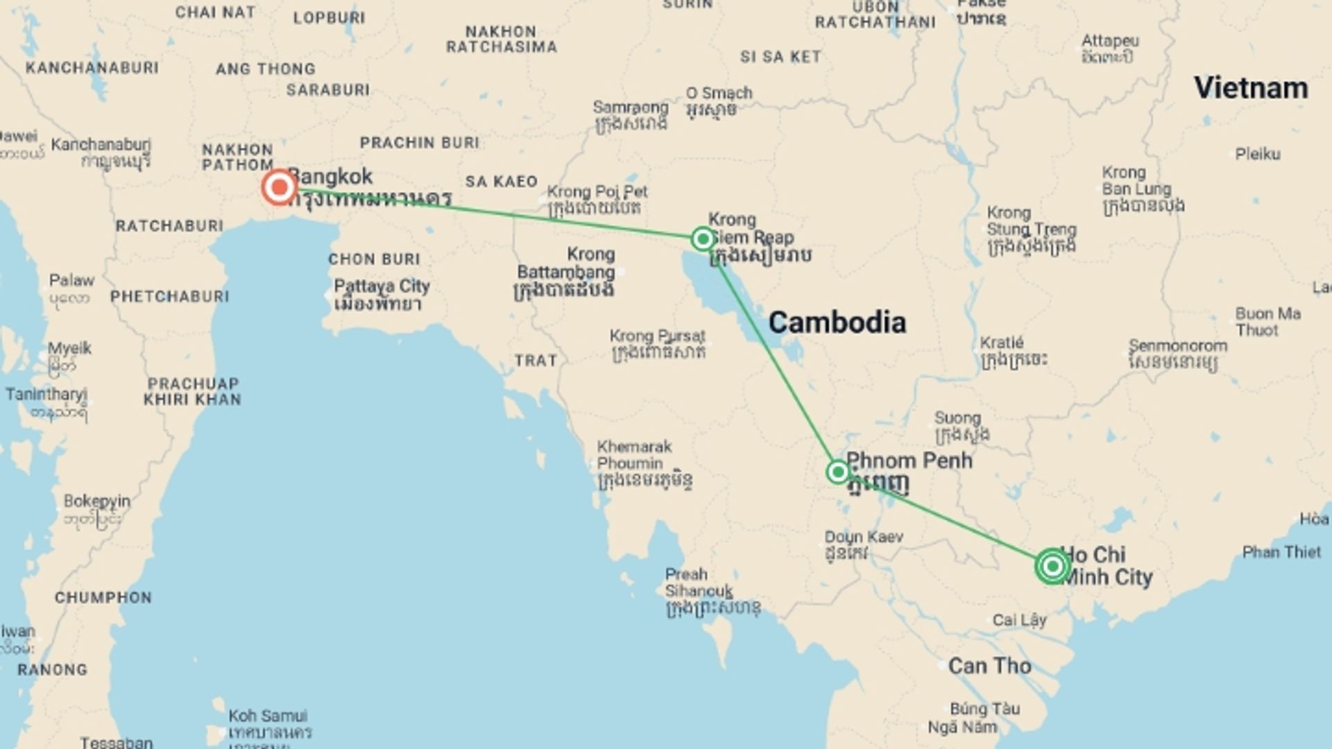 A map showing the tour itinerary for the trip: Saigon to Bangkok - 10 days, starting in Ho Chi Minh City, Vietnam and ending in Bangkok, Thailand going through 2 other destinations.