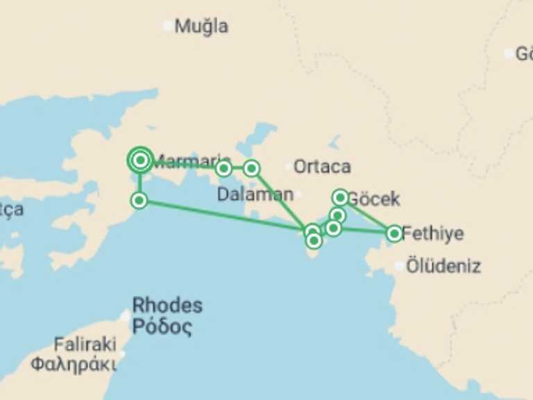 Map of Europe Tour with 6 destination visits for the trip: Gulet Cruise, Marmaris – Fethiye – Marmaris