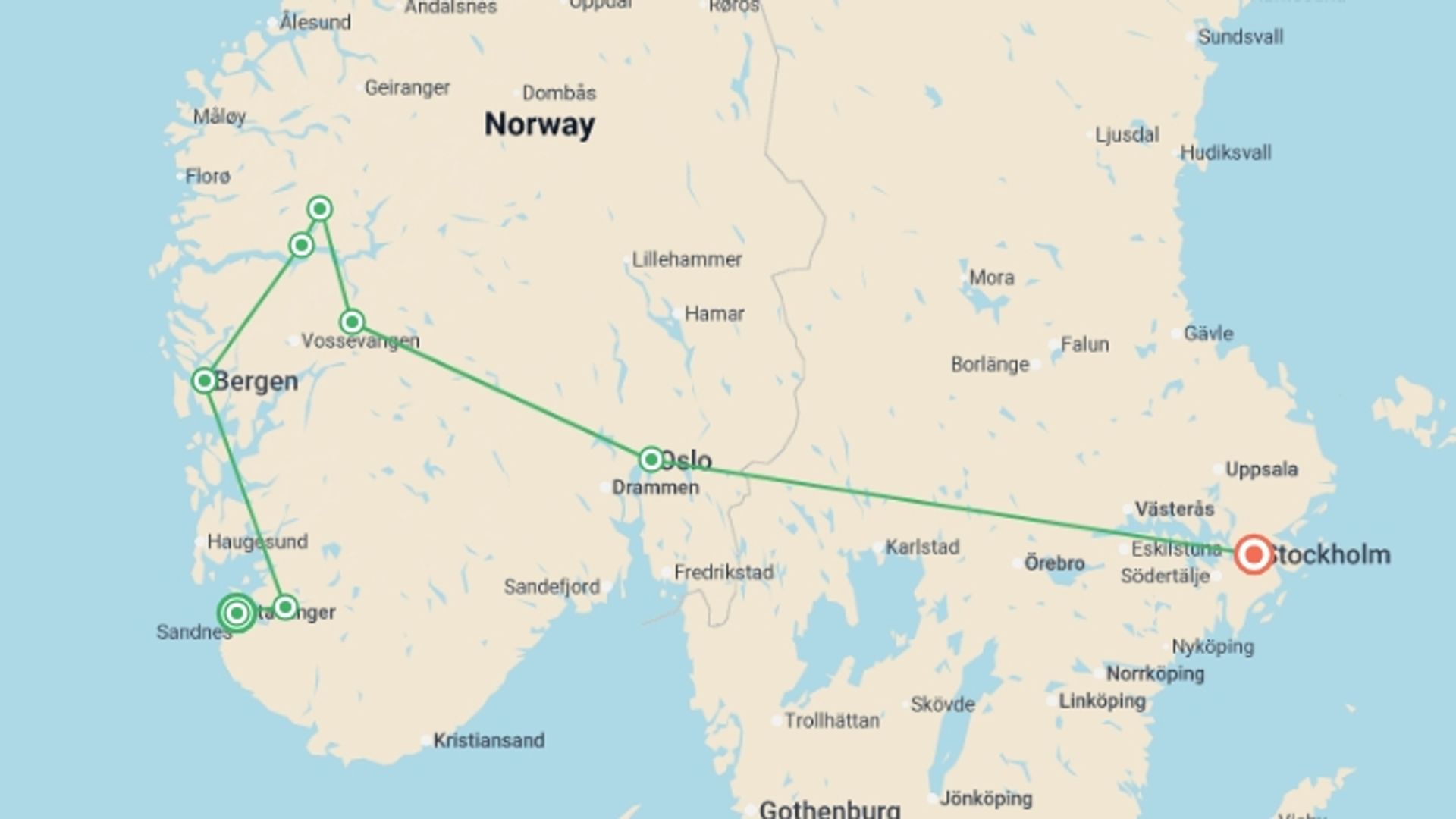A map showing the tour itinerary for the trip: Magic of the Fjords Stavanger to Stockholm - 11 days, starting in Stavanger, Norway and ending in Stockholm, Sweden going through 6 other destinations.