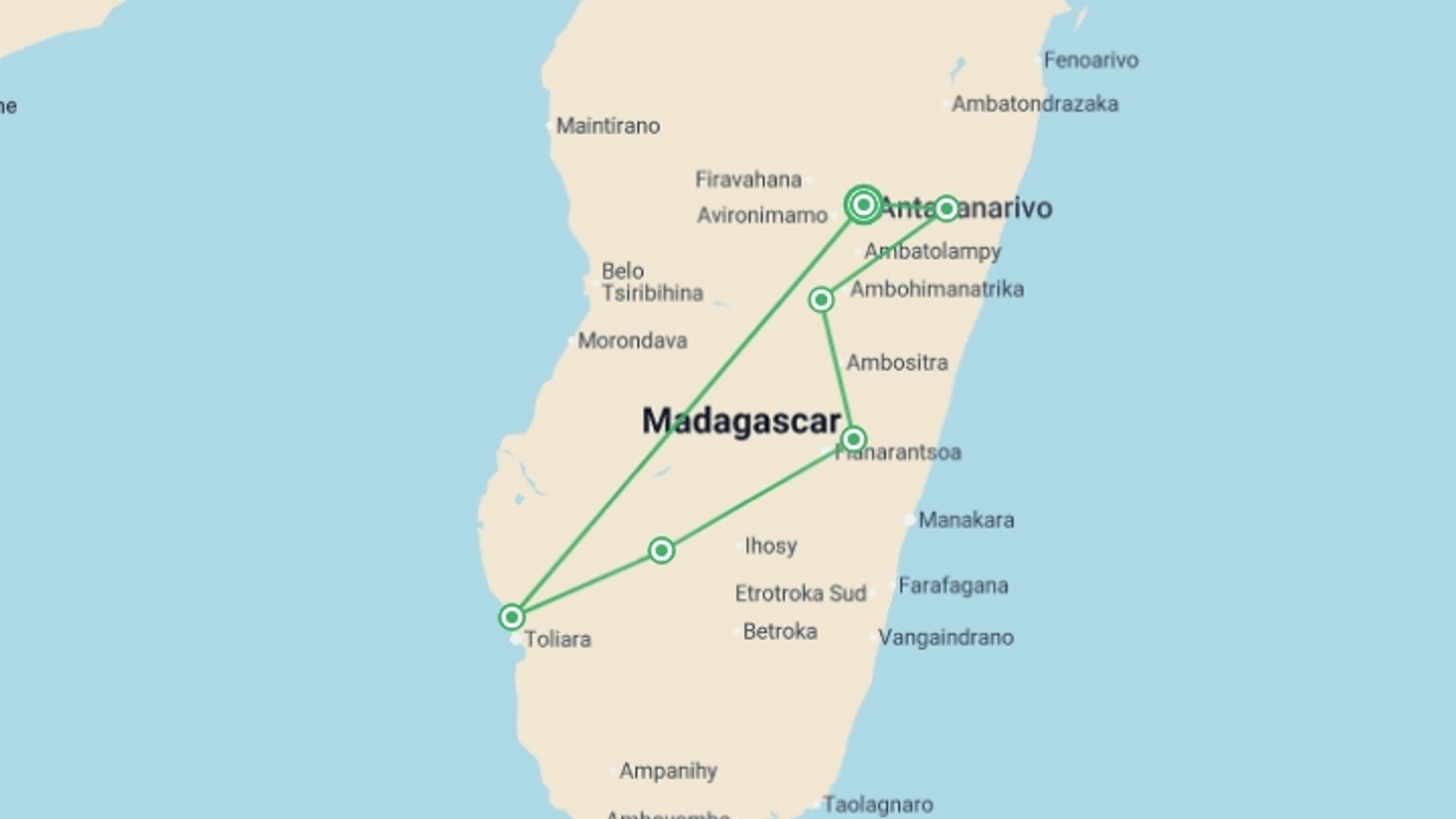 A map showing the tour itinerary for the trip: 1000 Views of Madagascar, starting in Antananarivo, Madagascar and ending in Antananarivo, Madagascar going through 5 other destinations.