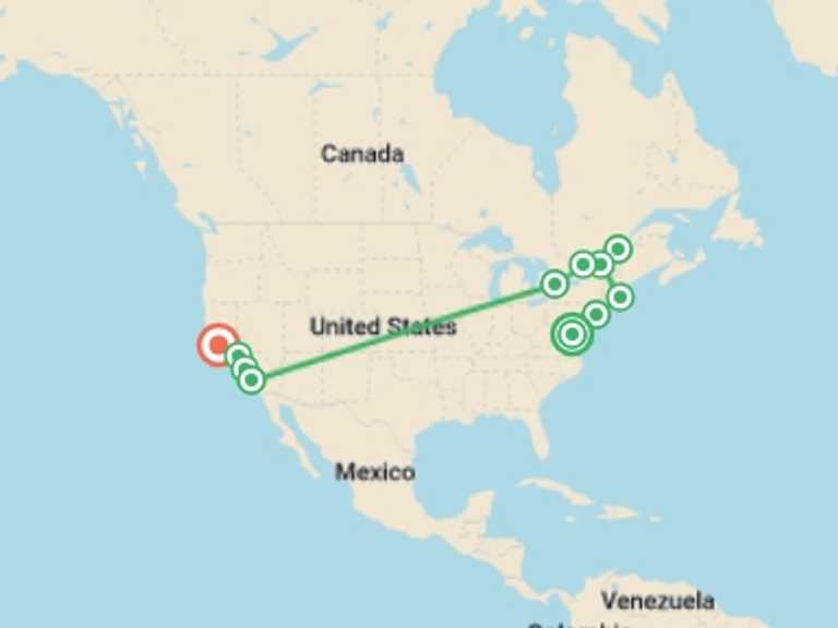 Map of North America Tour with 11 destination visits for the trip: From Washington to San Francisco