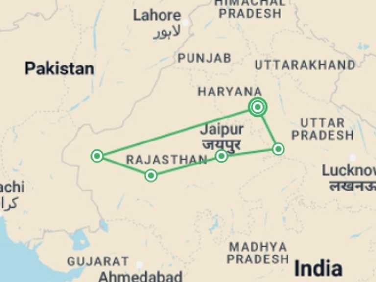 Map of 9-Day South Asia Tour with 5 destination visits for the trip: Jaisalmer & Jodhpur with Golden Triangle