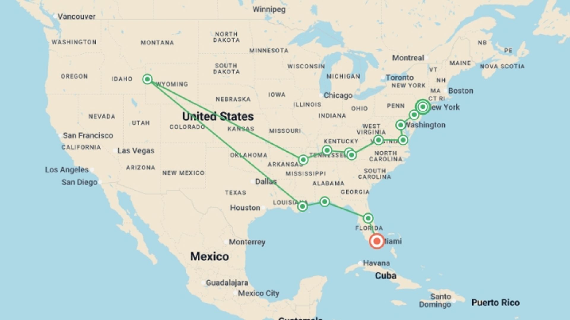 A map showing the tour itinerary for the trip: Deep South Explorer to Miami - 14 days, starting in New York, USA and ending in Miami, USA going through 8 other destinations.