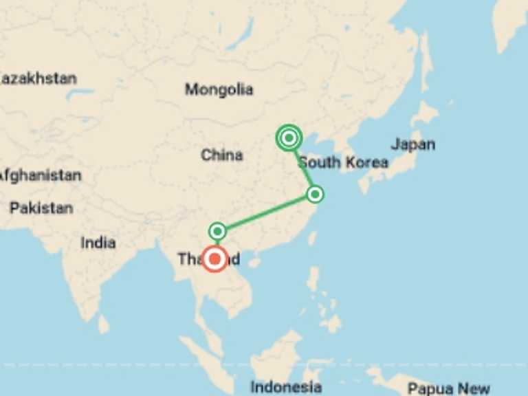 Map of Asia Tour with 4 destination visits for the trip: Spiritual China and Laos