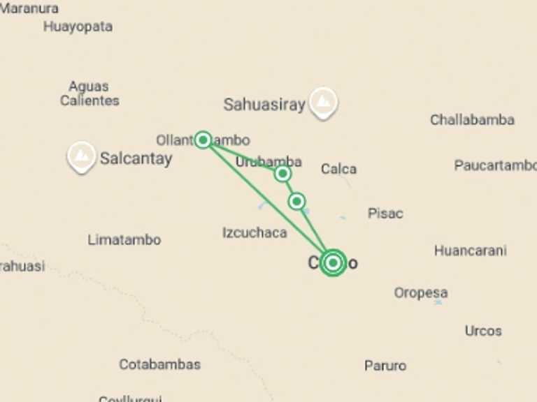 Map itinerary of Peru Tour in Winter with 2 destination visits for the trip: Discovering Cusco
