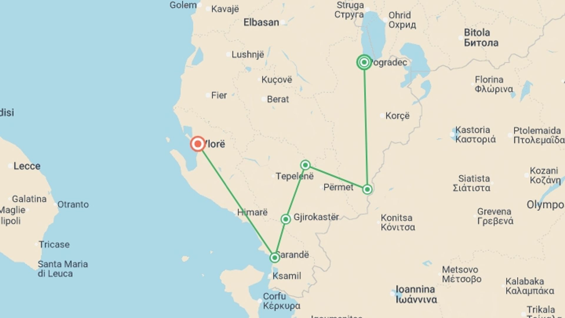 A map showing the tour itinerary for the trip: Cycling in Albania, starting in Pogradec, Albania and ending in Vlore, Albania going through 4 other destinations.