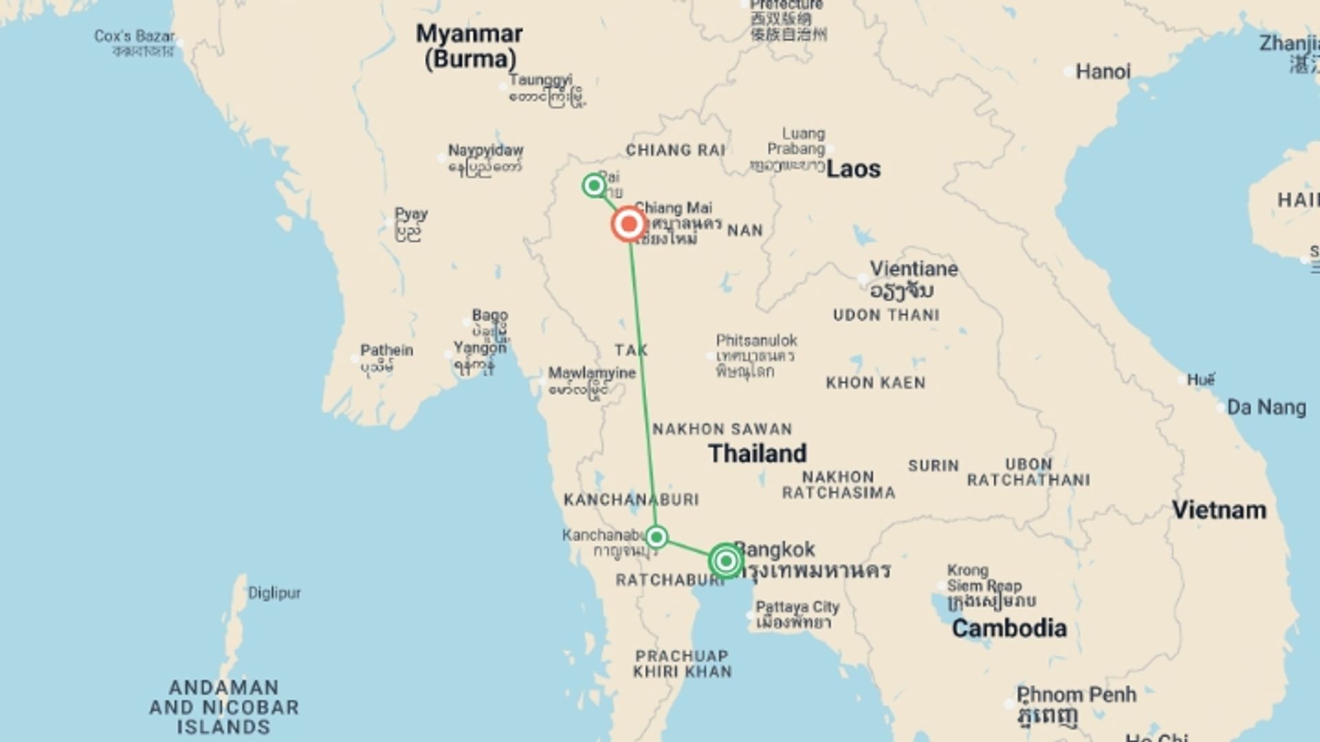 A map showing the tour itinerary for the trip: Northern Thai Highlights, starting in Bangkok, Thailand and ending in Chiang Mai, Thailand going through 2 other destinations.