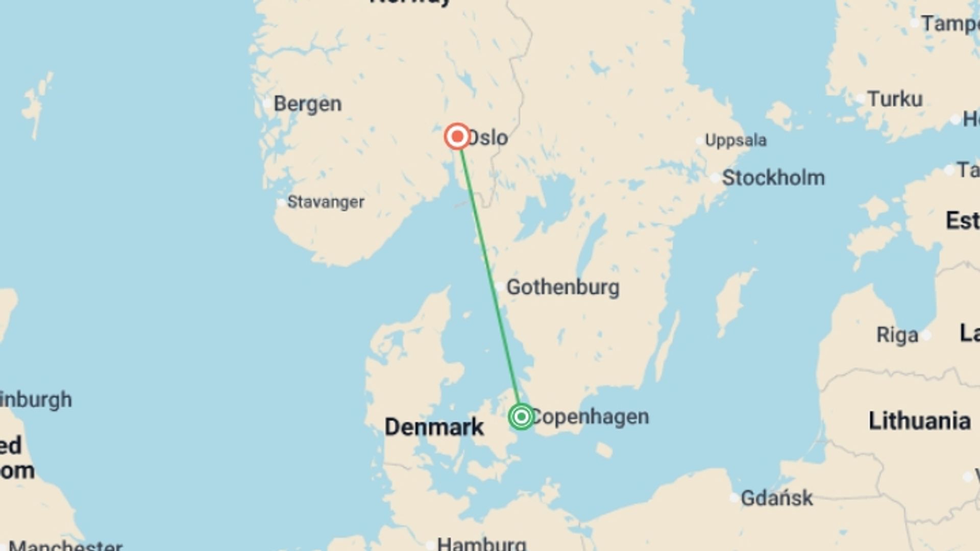 A map showing the tour itinerary for the trip: Cruise Copenhagen to Oslo - 5 days, starting in Copenhagen, Denmark and ending in Oslo, Norway going through 0 other destinations.