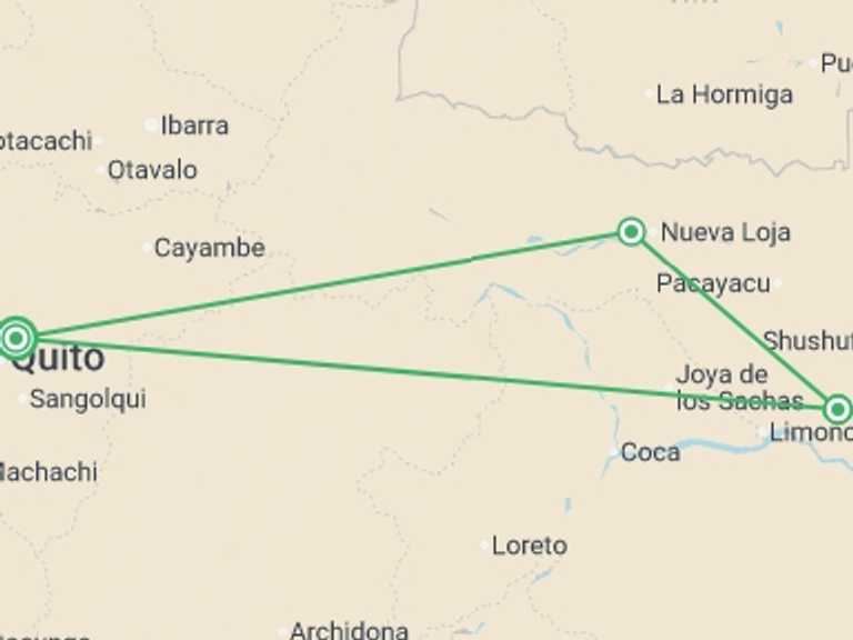 Map of Quito Wildlife Tour with 3 destination visits for the trip: Cuyabeno Amazon Eco-Lodge Adventure 6D/5N