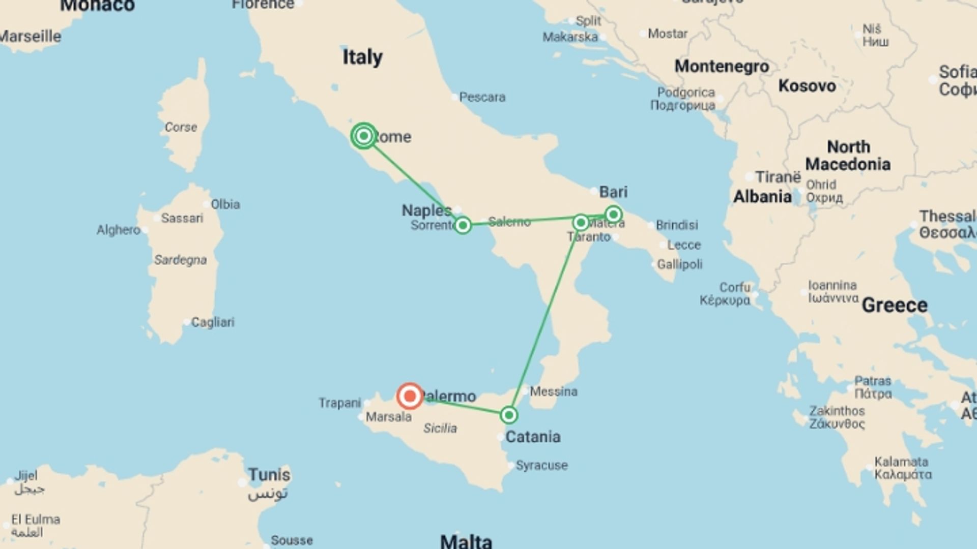 A map showing the tour itinerary for the trip: Country Roads of Southern Italy and Sicily, starting in Rome, Italy and ending in Palermo, Italy going through 5 other destinations.