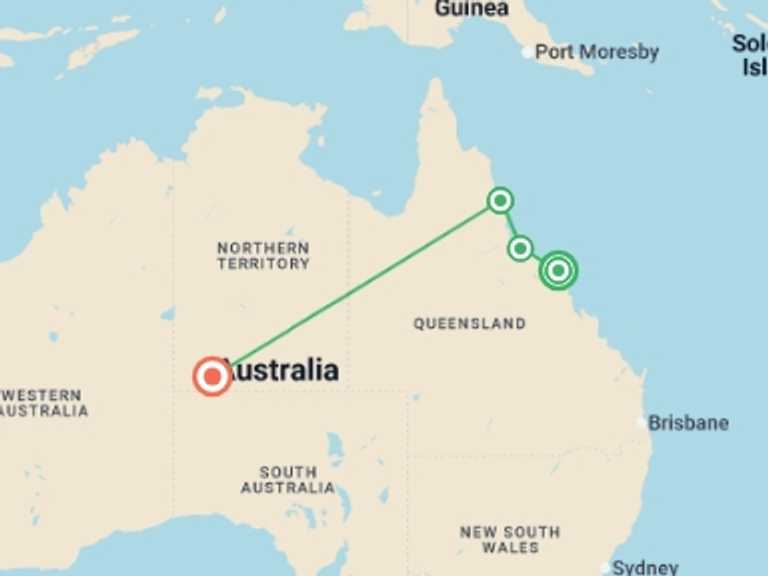 Map of Australia Tour with 5 destination visits for the trip: Australia: North Queensland to Uluru