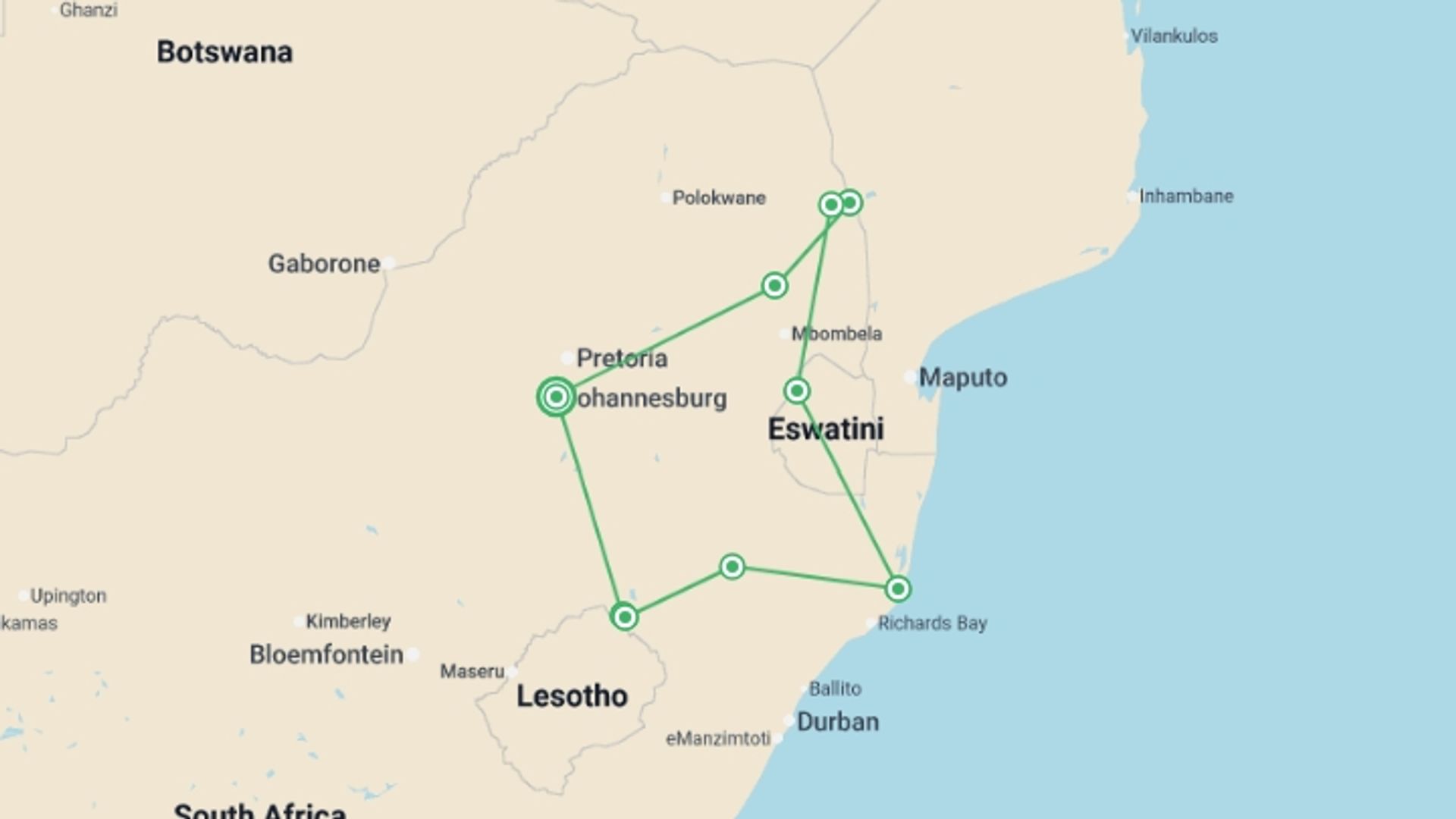 A map showing the tour itinerary for the trip: South Africa: Walking & Wildlife, starting in Johannesburg, South Africa and ending in Johannesburg, South Africa going through 8 other destinations.