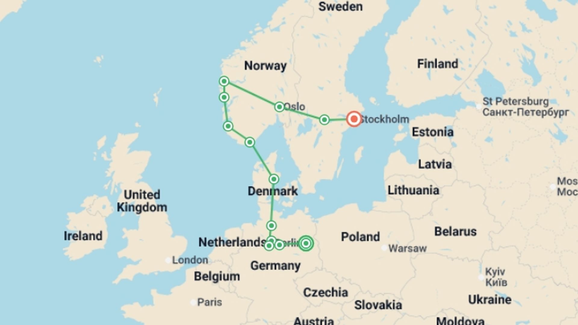 A map showing the tour itinerary for the trip: Northern Germany and Scandinavia, Ending in Stockholm, starting in Berlin, Germany and ending in Stockholm, Sweden going through 5 other destinations.