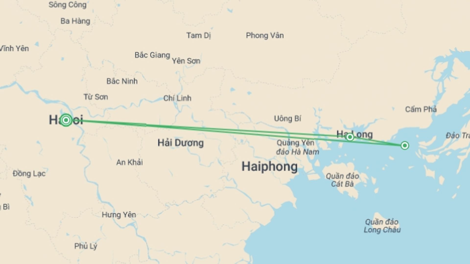 A map showing the tour itinerary for the trip: 3 days Cruise on the Great Halong Bay, starting in Hanoi, Vietnam and ending in Hanoi, Vietnam going through 3 other destinations.