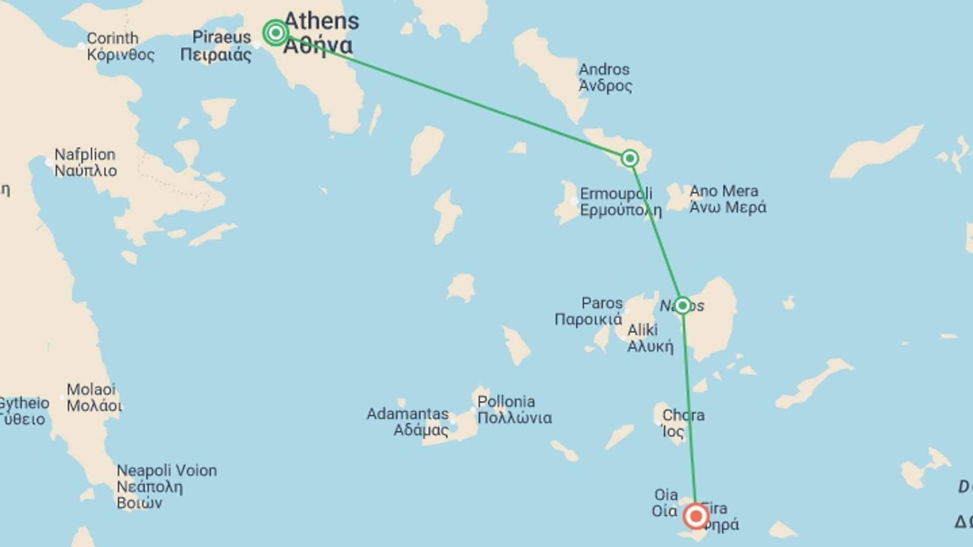 A map showing the tour itinerary for the trip: Greece: Athens and Walking in the Greek Islands, starting in Athens, Greece and ending in Santorini, Greece going through 2 other destinations.
