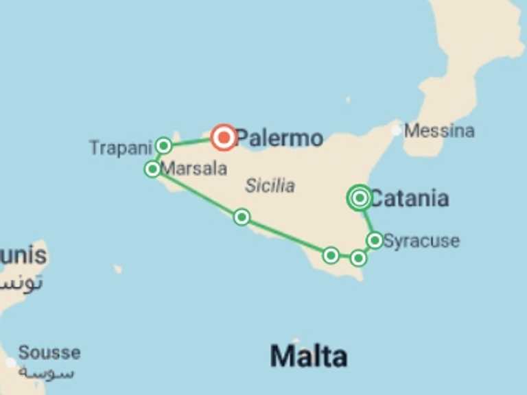 Map itinerary of Italy Tour in August 2027 with 5 destination visits for the trip: Italy: Highlights of Sicily