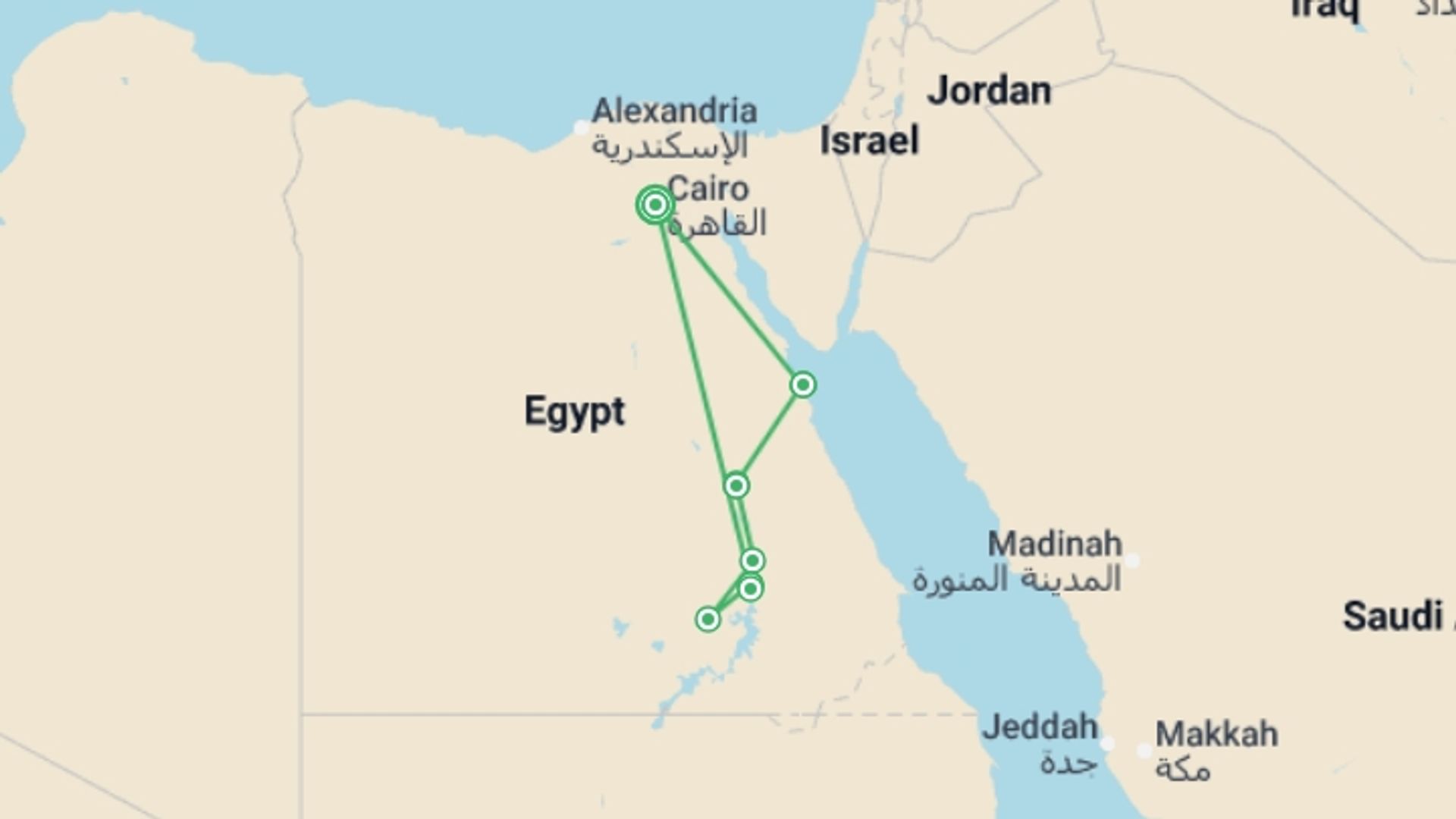 A map showing the tour itinerary for the trip: Egypt & the Red Sea For Teenagers - 12 days, starting in Cairo, Egypt and ending in Cairo, Egypt going through 4 other destinations.