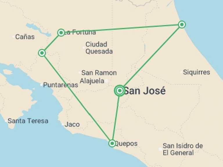 Map itinerary of Costa Rica Tour in Winter with 5 destination visits for the trip: Simply Costa Rica